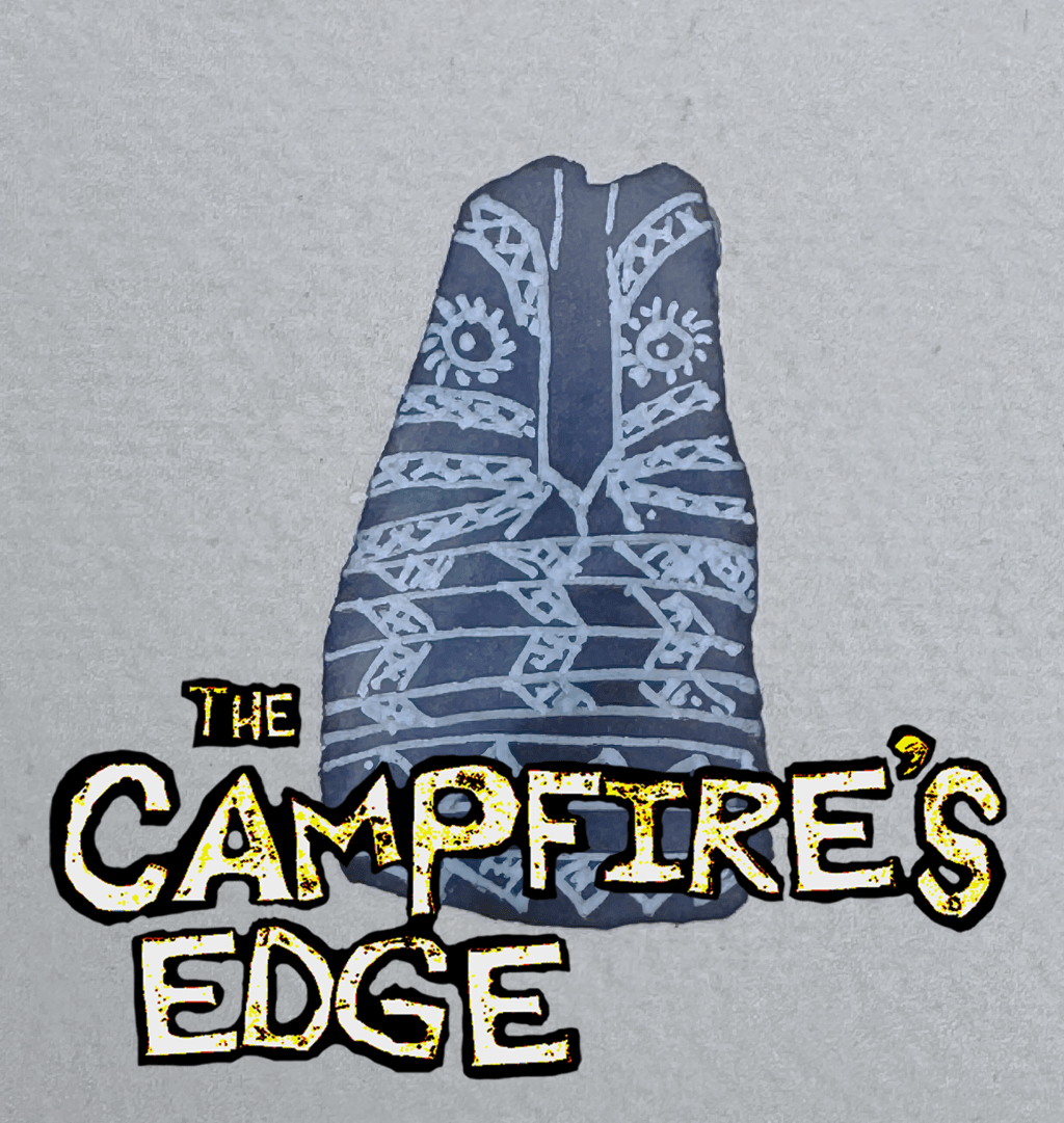 The Campfire's Edge Logo with a painting of an owl carved from stone.